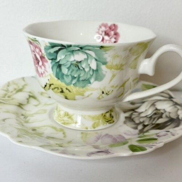Pulchritudie Eileen's Peony set of 2 teacups & saucers Pink Blue Green 3 in - Picture 7 of 15